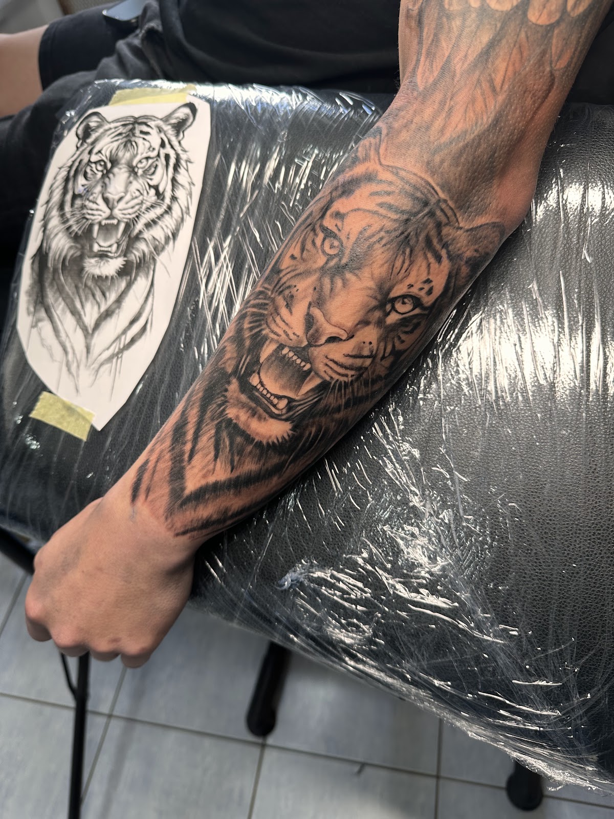 Tatuaż tygrysa realizm czarno-szary - Edison Tattoo Studio Zduńska Wola